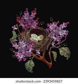 Embroidery blossoming lilac flowers and bird nest. Fashion template for clothes, textiles and t-shirt design. Spring floral art