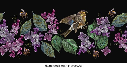 Embroidery blossoming lilac flowers and birds horizontal seamless pattern. Spring art. Fashion template for clothes, textiles, t-shirt design 