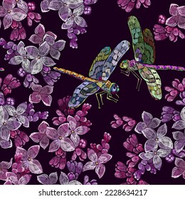 Embroidery blossoming lilac flowers and dragonflies seamless pattern. Spring floral art. Fashion template for clothes, textiles, t-shirt design