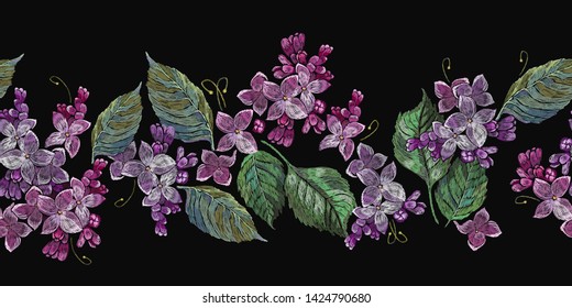 Embroidery blossoming lilac flowers horizontal seamless pattern. Spring art. Fashion template for clothes, textiles, t-shirt design 