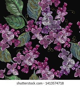 Embroidery blossoming lilac flowers seamless pattern. Spring art. Fashion template for clothes, textiles, t-shirt design 
