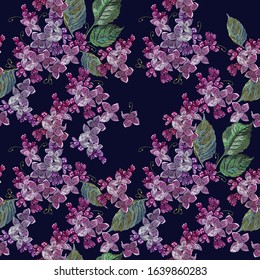 Embroidery blossoming lilac flowers seamless pattern. Spring floral art. Fashion template for clothes, textiles and t-shirt design 