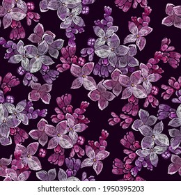 Embroidery blossoming pink lilac flowers seamless pattern. Fashion template for clothes, textiles and t-shirt design. Spring garden, floral art
