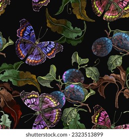 Embroidery blossoming plum and butterflies on black background. Template for fashionable clothes, t-shirt. Seamless pattern. Botanical garden art