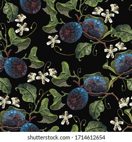 Embroidery blossoming plum and white flowers on black background. Botanical garden art. Template fashionable clothes, t-shirt design 