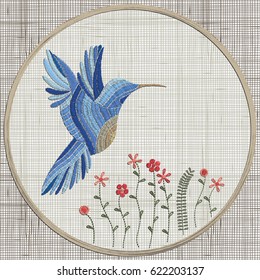 Embroidery blue bird and pink flowers. Vector Embroidery home decor, ornament for textile,  fashion, fabric pattern. Linen cloth texture.  Colorful traditional folk decoration.