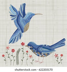 Embroidery blue bird and pink flowers. Vector Embroidery home decor, ornament for textile,  fashion, fabric pattern. Linen cloth texture.  Colorful traditional folk decoration.