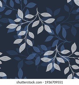 Embroidery blue floral seamless pattern on linen cloth texture for textile, home decor, fashion, fabric. Stitches imitation