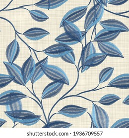 Embroidery blue floral seamless pattern on linen cloth texture for textile, home decor, fashion, fabric. Stitches imitation