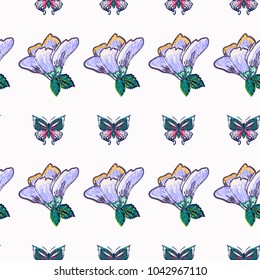 Embroidery blue flower and big tropical butterfly insect patch. Fashion patches with summer wild nature illustration embroideries. Seamless pattern backdrop. Trendy traditional art on white background