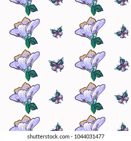 Embroidery blue flower and big tropical butterfly insect patch. Fashion patches with summer wild nature illustration embroideries. Seamless pattern backdrop. Trendy traditional art on white background
