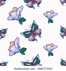 Embroidery blue flower and big tropical butterfly insect patch. Fashion patches with summer wild nature illustration embroideries. Seamless pattern backdrop. Trendy traditional art on white background