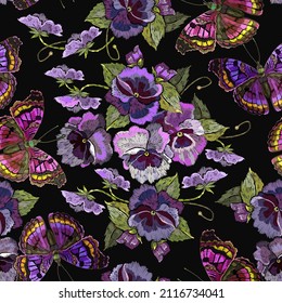 Embroidery blue flowers and butterflies. Fashionable template for design of clothes. Summer nature background