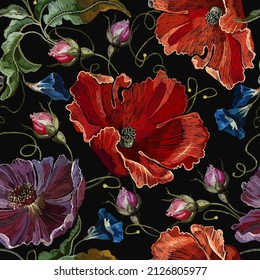 Flores azul bordado y amapolas rojas. Plantilla de moda de verano para ropa, textiles y diseño de camisetas. Patrón sin foco. Arte de jardín. Ilustración botánica