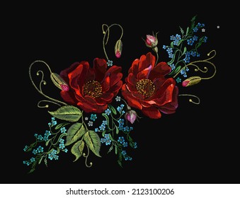 Embroidery blue flowers and red roses. Summer fashion template for clothes, textiles and t-shirt design. Garden art. Botanical illustration 