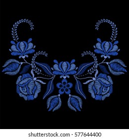 Embroidery with blue flowers, roses. Necklace for fabric, textile floral print. Fashion design for girl wear decoration. Tradition ornamental pattern. Vector illustration.