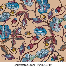 Embroidery blue flowers seamless pattern. Template for clothes, textiles, t-shirt design. Beautiful blue roses classical embroidery seamless pattern