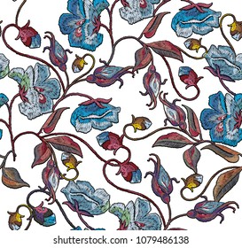 Embroidery blue flowers seamless pattern. Beautiful blue roses classical embroidery seamless pattern. Template for clothes, textiles, t-shirt design