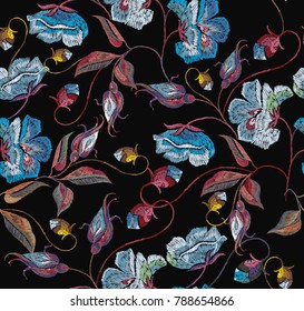 Embroidery blue flowers seamless pattern. Beautiful blue roses classical embroidery seamless pattern. Template for clothes, textiles, t-shirt design