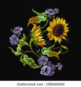 Embroidery blue flowers and yellow sunflowers. Summer art. Fashion colorful template for clothes, tapestry, t-shirt design 