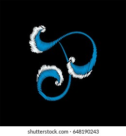 Embroidery blue letter in form of wave of sea or ocean isolated on black background.