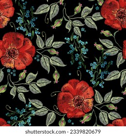 Embroidery, blue meadows flowers and wild red roses. Garden art. Botanical illustration. Seamless pattern. Summer fashion template for clothes, textiles and t-shirt design