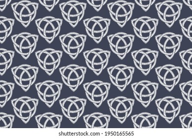 Embroidery blue seamless pattern with geometric celtic irish ornament. 