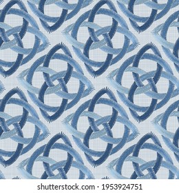 Embroidery blue seamless pattern with geometric celtic irish ornament. 