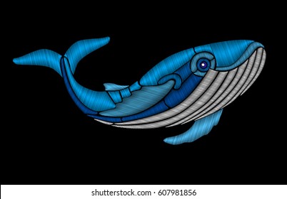 Embroidery blue whale. Imitation hand embroidery stitch on fabric. Vector.