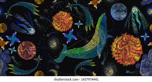 Embroidery, blue whales float in universe among stars. Symbol of imagination, dream, astrology. Modern fashion seamless pattern template for clothes, tapestry, t-shirt design. Space illustration 