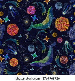 Embroidery, blue whales float in universe among stars. Symbol of imagination, dream, astrology. Modern fashion seamless pattern template for clothes, tapestry, t-shirt design 