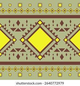 Embroidery Bohemian Pattern with Brown Neon Yellow on Olive Green Background. Traditional Florals Blooming Tribal Style Geometric Diamond Triangle Fine Design for Bedding Textile Mosaic Border Fashion