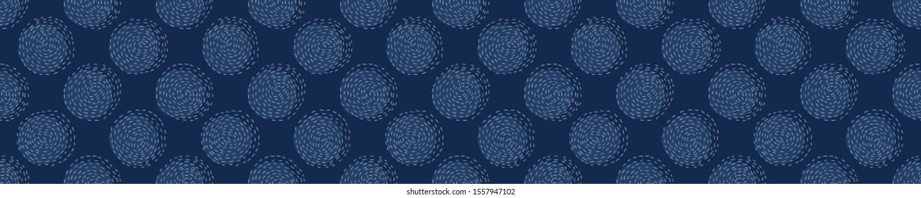 Embroidery Border Boro Fabric Circle. Sashiko Kantha Vector Pattern. Needlework Seamless Banner Edging. Indigo Blue Running Hand Stitch Texture Trim. Wabi Sabi Textile Japan Decor. Washi Tape EPS 10