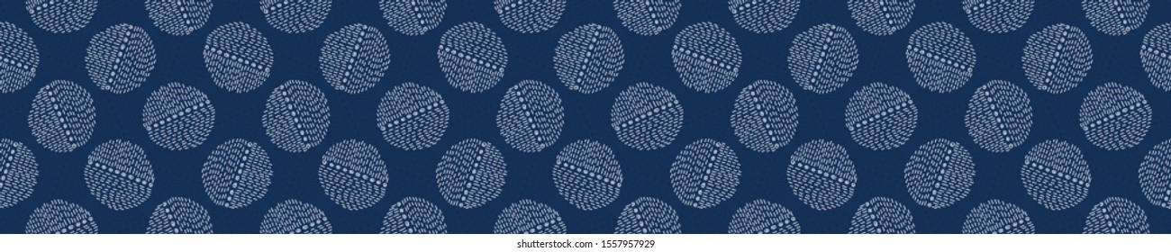Embroidery Border Boro Fabric Circle. Sashiko Kantha Vector Pattern. Needlework Seamless Banner Edging. Indigo Blue Running Hand Stitch Texture Trim. Wabi Sabi Textile Japan Decor. Washi Tape EPS 10
