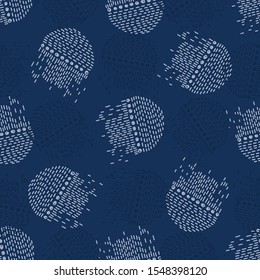 Embroidery Boro Fabric Circle Sashiko Kantha Vector Pattern. Needlework Seamless Background. Indigo Blue Style. Running Hand Stitch Texture Textile Print, Japan Decor. Simple Kimono Quilting EPS 10