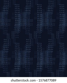 Embroidery Boro Patch Kantha Vector Pattern. Asian Needlework Seamless Background Indigo Blue Style. Sashiko Running Hand Stitch Texture Textile Print. Japan Decor. Masculine Quilting Tile EPS 10