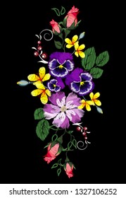 Embroidery bouquet of different garden flowers, roses, lilies, forget-me-not, violet for your design.