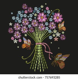 Embroidery bouquet of flowers and butterfly. Template for clothes, textiles, t-shirt design. Classical embroidery beautiful summer flowers