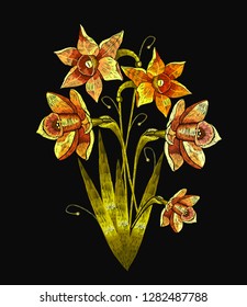 Embroidery bouquet of narcissuses. Template for clothes, textiles, t-shirt design. Beautiful daffodils on black background 