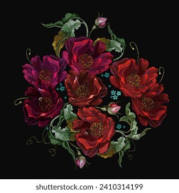 Embroidery bouquet of red rose flowers. Fashionable template for clothes, t-shirt design. Spring floral art