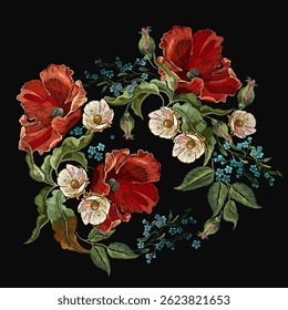 Embroidery. Bouquet. Red roses and white flowers, vector. Summer and spring garden floral art. Fashionable template for clothes