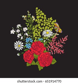Embroidery. Bouquet with roses and daisies.