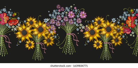 Embroidery bouquet of sunflowers and meadows flowers. Horizontal seamless pattern. Spring garden art. Template for clothes, textiles, t-shirt design