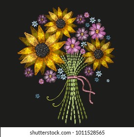 Embroidery bouquet of sunflowers vector. Classical embroidery fashion sunflowers. Template for clothes, textiles, t-shirt design