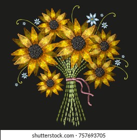 Embroidery bouquet of sunflowers vector. Template for clothes, textiles, t-shirt design. Classical embroidery fashion sunflowers