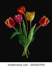 Embroidery bouquet of tulips. Fashionable template for design of clothes, t-shirt design, tapestry. Classical embroidery red and yellow tulips 