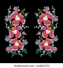Embroidery of bouquets of different field and garden flowers. Neck, ornament, design