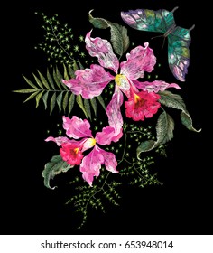 Stickereien, helles Trendmuster mit Orchideen und Schmetterling. Vektortraditioneller bestickter Bouquet mit exotischen Blumen auf schwarzem Hintergrund für Kleiderdesign