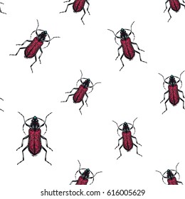 Embroidery brown bug. Fashion patch with insects illustration. Seamless pattern backdrop. Trendy traditional art on white background.