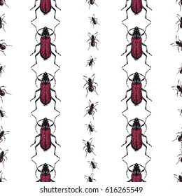 Embroidery brown bug and forest ant. Fashion patch with insects illustration. Seamless pattern backdrop. Trendy traditional art on white background.
